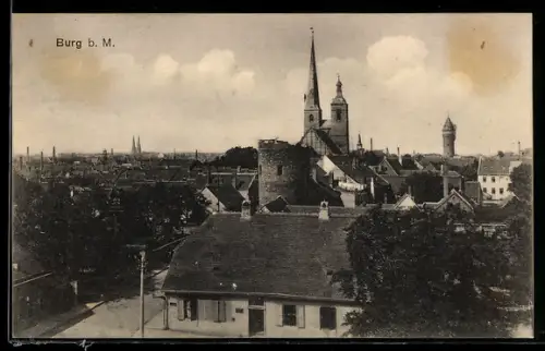 AK Burg b. M., Stadtansicht mit Kirche und Stadtturm