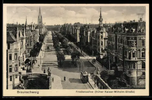 AK Braunschweig, Friedensallee, früher Kaiser-Wilhelm-Strasse, Strassenbahn, Wohnhäuser, Kirche
