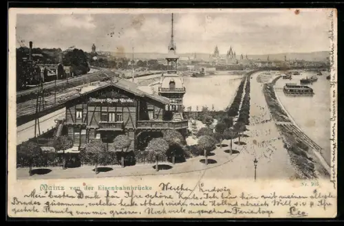 AK Mainz, Ortsansicht v. d. Eisenbahnbrücke, Mainzer Ruder-Verein, Rheinansicht