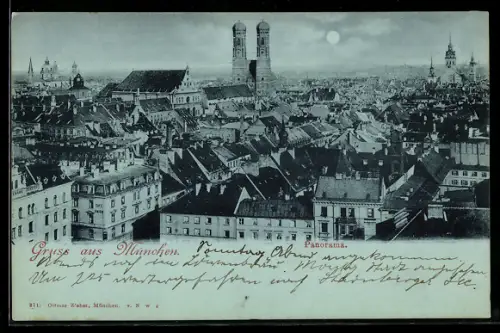 Mondschein-AK München, Stadtpanorama mit Frauenkirche