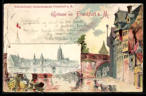 Lithographie Frankfurt a. M., Schellenbergs Kaisermagazin, Mainbrücke, Dom