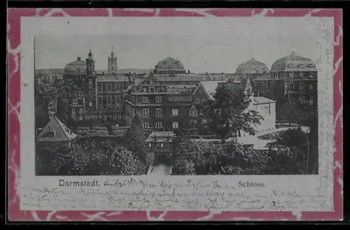 Lithographie Darmstadt, Schloss u. Umgebung aus der Vogelschau, Rahmen