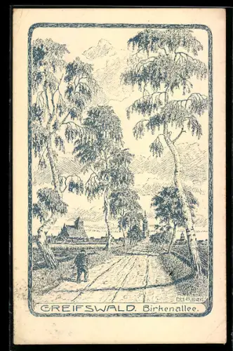 Künstler-AK Greifswald, Birkenallee mit Wanderer