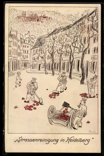 Künstler-AK sign. Walter Trier: Heidelberg, Strassenreiniger kehren Herzen zusammen