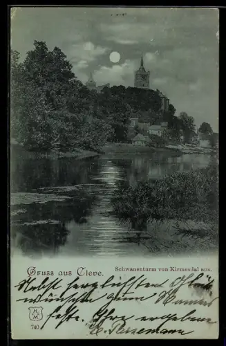 Mondschein-AK Cleve, Schwanenturm von Kirmesdal aus