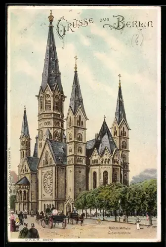 Lithographie Berlin-Charlottenburg, Kaiser-Wilhelm-Gedächtniskirche mit Passanten und Kutsche