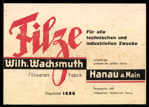 AK Hanau a. Main, Wilh. Wachsmuth Filzwaren-Fabrik, Werbung für technische Filze