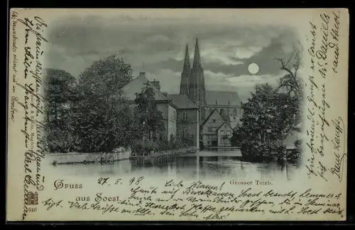 Mondschein-Lithographie Soest, Grosser Teich mit Kirche