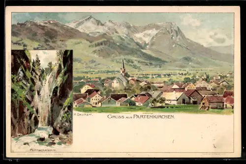 Künstler-AK H. Deuchert: Partenkirchen, Totalansicht mit Gebirgspanorama, Partnachklamm