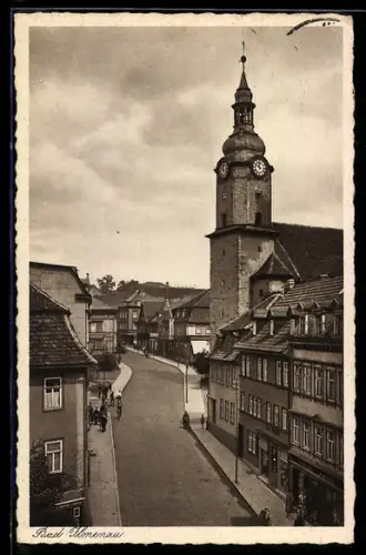 AK Bad Ilmenau, Strassenpartie mit Ansicht der Kirche