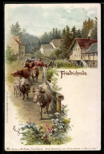 Lithographie Friedrichroda, Viehtrieb durch den Ort