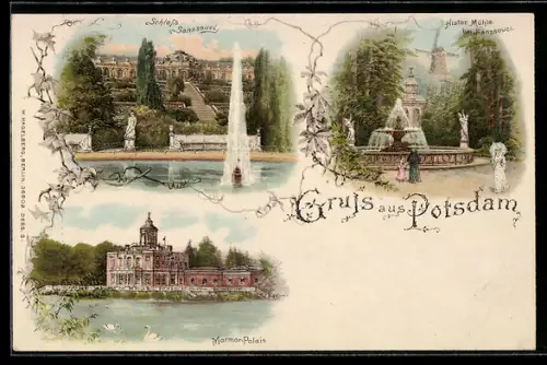 Lithographie Potsdam, Schloss Sanssouci, Marmor-Palais