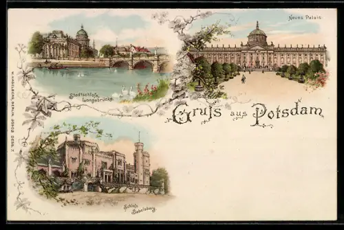 Lithographie Potsdam, Neues Palais, Stadtschloss, Langebrücke, Schloss Babelsberg