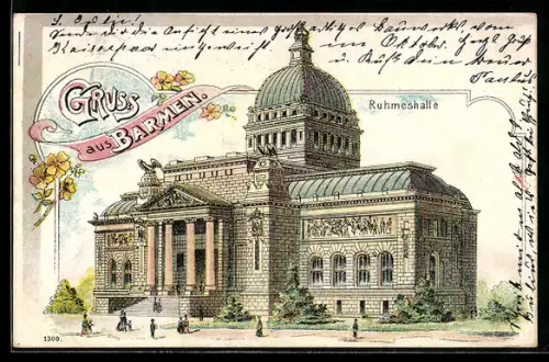 Lithographie Barmen, Ruhmeshalle mit Strassenpartie