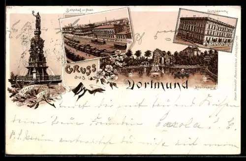 Vorläufer-Lithographie Dortmund, 1895, Kronenburg, Gymnasium, Bahnhof mit Post