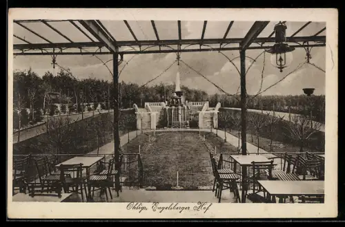 AK Ohligs, Hotel Engelsberger Hof, Terrasse mit Blick auf Brunnen