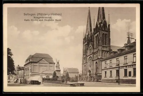 AK Solingen, Kriegerdenkmal, Kath. Kirche und Deutsche Bank