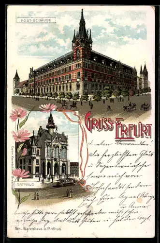 Lithographie Erfurt, Postgebäude, Rathaus mit Strassenbahn