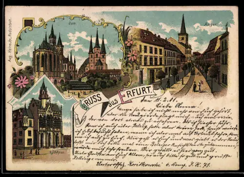 Lithographie Erfurt, Dom, Rathaus, Anger