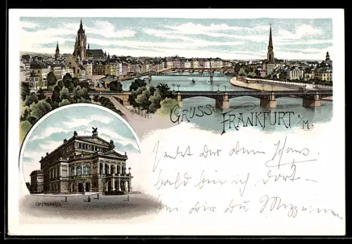 Lithographie Frankfurt a. M., Panorama am Main, Opernhaus
