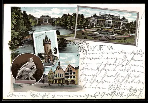 Lithographie Frankfurt a. M., Palmengarten, Eschenheimer Turm, Römer