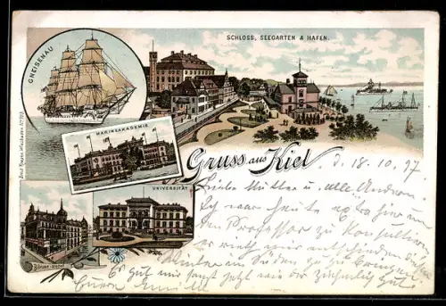 Lithographie Kiel, Schloss, Seegarten, Hafen, Segelschiff Gneisenau