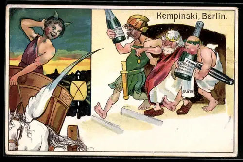 Lithographie Berlin, Gasthaus Kempinski, Karikatur mit drei trinkenden Männern und Pferdekutsche
