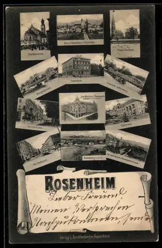 AK Rosenheim, Stadtpfarrkirche, Realschule, Maugfallbrücke, Bahnhofstrasse, Kaiserbad, protestantische Pfarrkirche