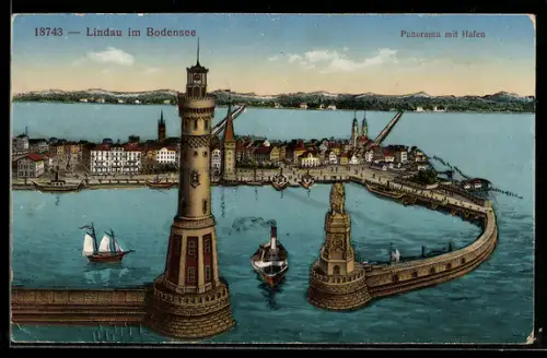 AK Lindau im Bodensee, Panorama mit Hafen, Dampfer
