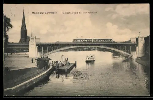 AK Hamburg-Barmbeck, Hochbahnbrücke bei der Kühmühle