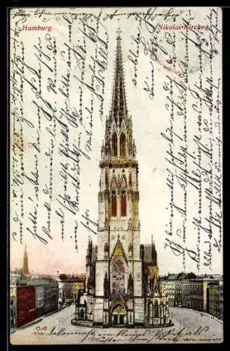 AK Hamburg, Nikolai-Kirche mit Strassenpartie