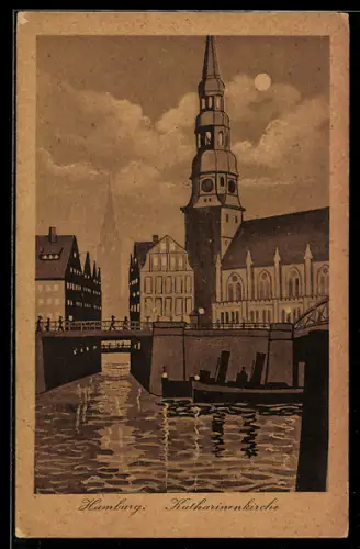 Künstler-AK Hamburg, Katharinenkirche bei Mondschein