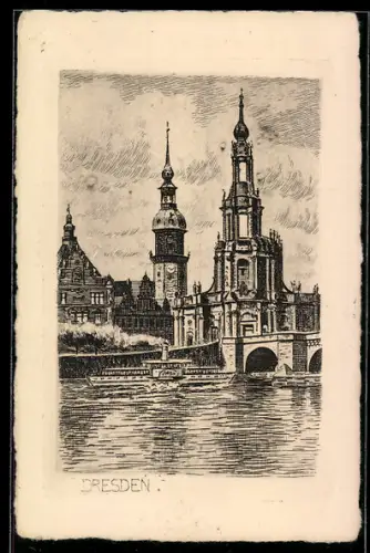 Künstler-AK Dresden, Ortsansicht mit Elbdampfer