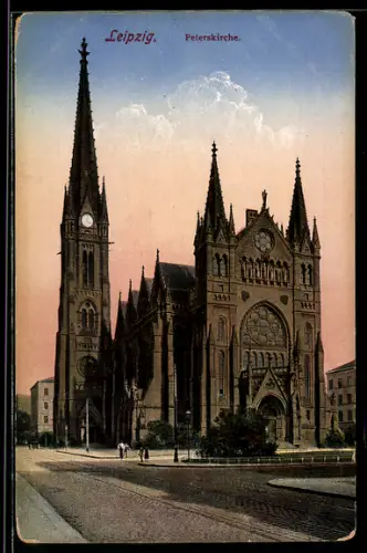 AK Leipzig, Peterskirche mit Strassenpartie