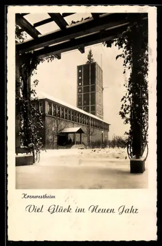 AK Kornwestheim, Rathaus im Winter, Neujahrsgruss