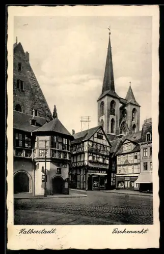 AK Halberstadt, Fischmarkt mit Ratskeller und Geschäft Reiseandenken