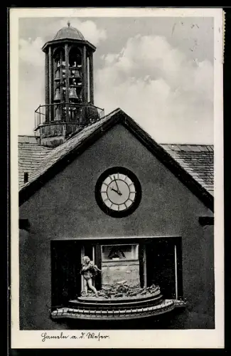 AK Hameln an der Weser, Rattenfänger-Kunstuhr mit Glockenspiel am Rathaus, Auszug der Ratten
