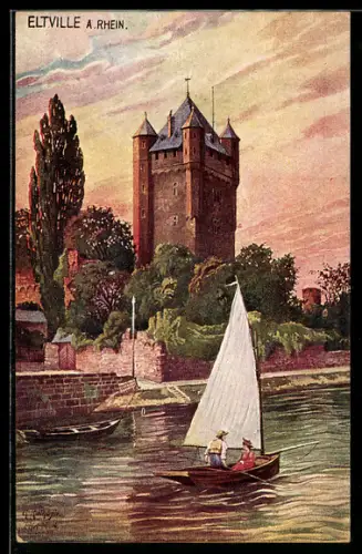 Künstler-AK Eltville, Unterer Zwinger und Burgfried der ehem. Erzbischöflichen Burg, Segelboot