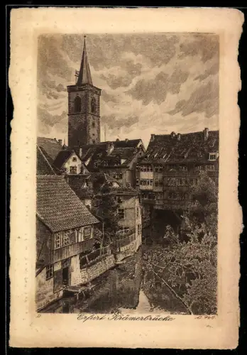 Künstler-AK Erfurt, Partie an der Krämerbrücke mit Kirche
