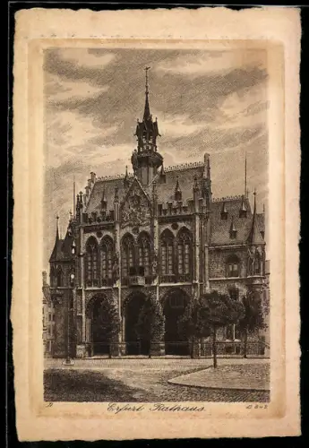 Künstler-AK Erfurt, Rathaus mit Grünanlagen