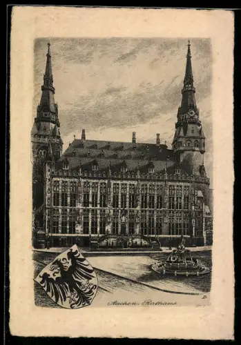 Künstler-AK Aachen, Rathaus mit Brunnen und Wappen