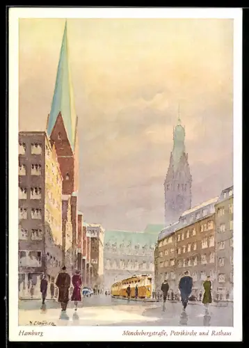 Künstler-AK Hamburg, Partie in der Mönckebergstrasse mit Petrikirche, Rathaus und Strassenbahn