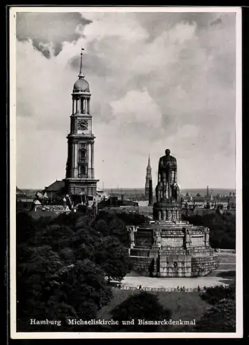 AK Hamburg, Michaeliskirche und Bismarckdenkmal aus der Vogelschau
