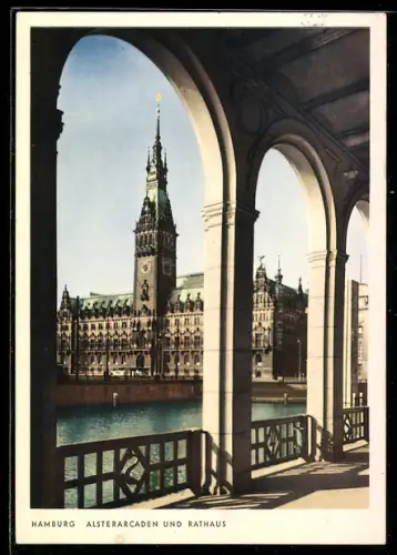 AK Hamburg, Partie an den Alsterarkaden mit Blick aufs Rathaus