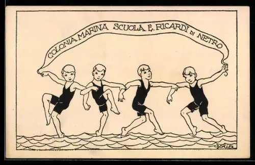 Künstler-AK Netro, Colonia Marina, Scuola E. Ricardi di Netro