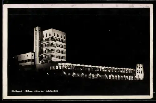 AK Stuttgart, Höhenrestaurant Schönblick bei Nacht, Bauhaus