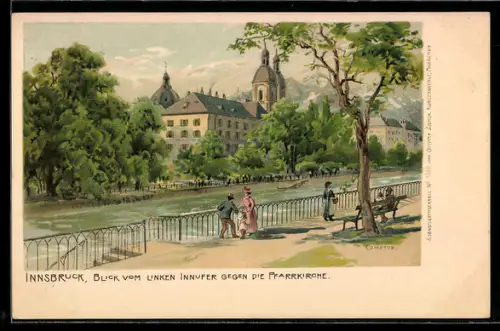 Künstler-AK Edward Theodore Compton: Innsbruck, Blick von linken Innufer auf die Pfarrkirche