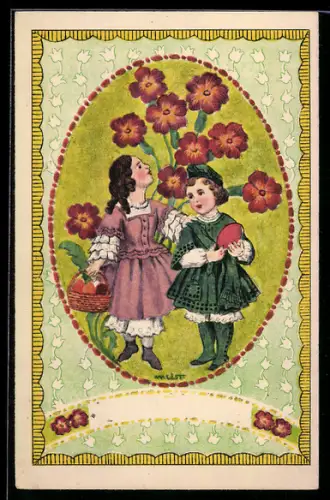 Künstler-AK Wilhelm List: Kinder mit Blumen im Ornamentrahmen, Jugendstil
