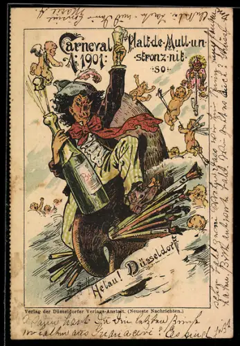 Künstler-AK Düsseldorf, Carneval 1901, Künstler mit Sektflasche auf einer Palette
