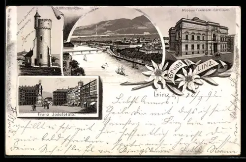 Vorläufer-Lithographie Linz, 1892, Muesum Francisco-Carolinum, Franz Josefwarte, Franz Josefplatz